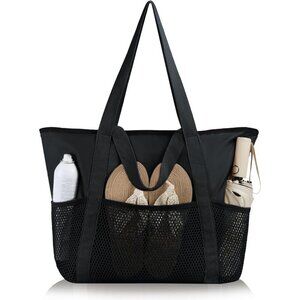 Women Black Beach Bag Large Waterproof Sandproof Foldable Tote With Zipper Mesh